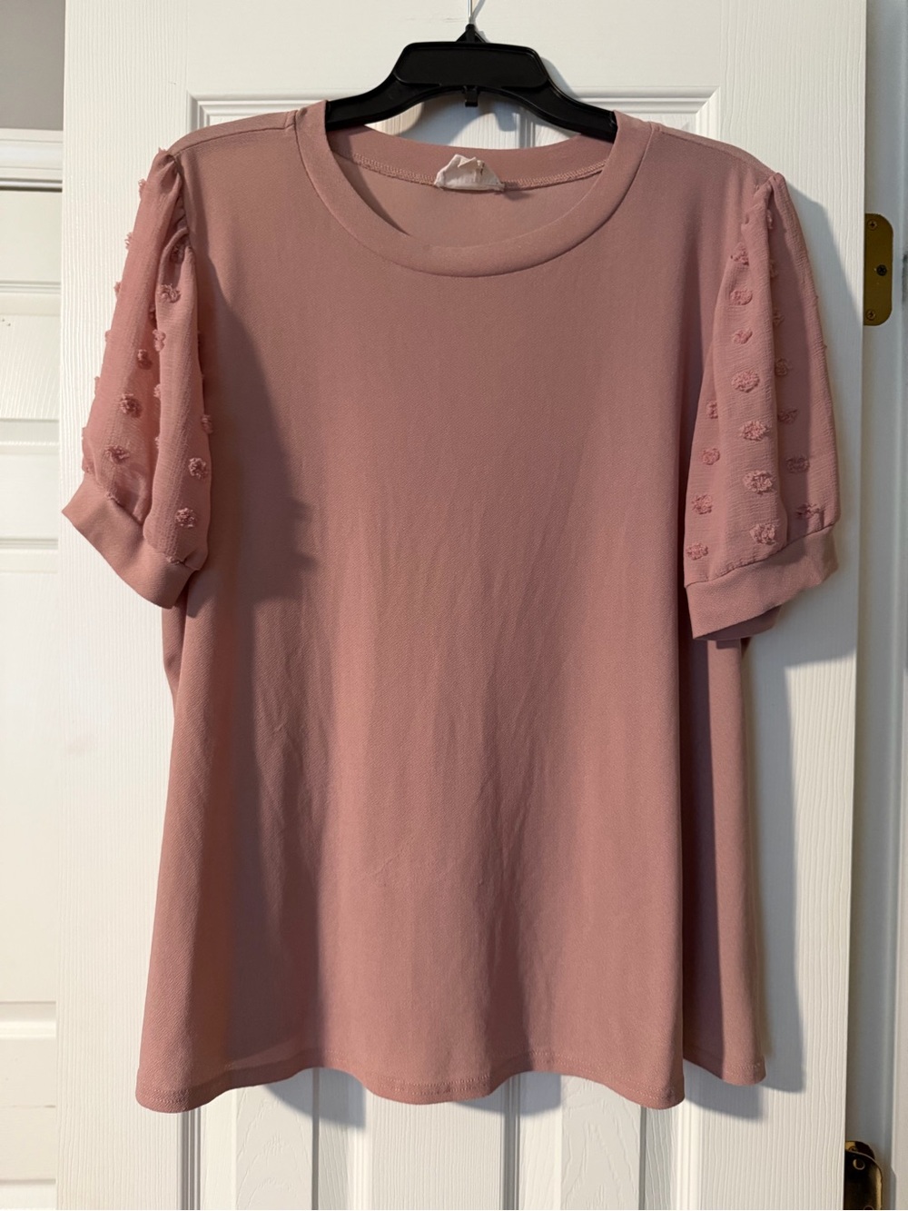 Women's Blush Pink Short Sleeve Top with Textured Puff Sleeves